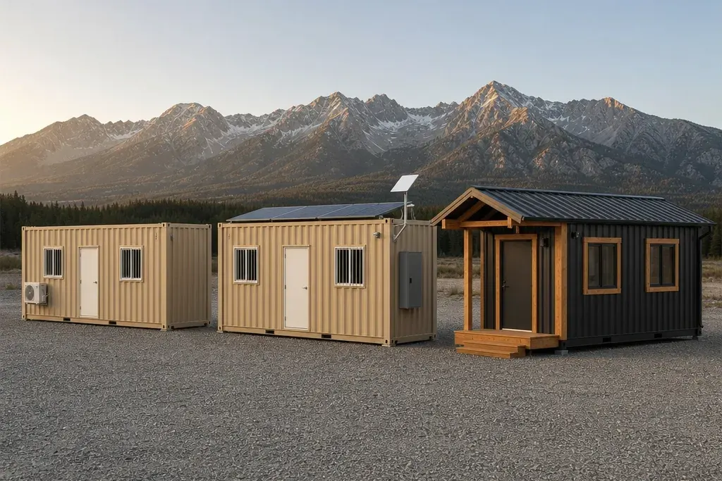 The three JOLT 20 ft office tiers in a row on a gravel yard at golden hour with the Gore Range behind: the tan Base, the Grid-Free with roof solar and a Starlink dish, and the matte black Alpine with cedar surrounds and a covered entry deck