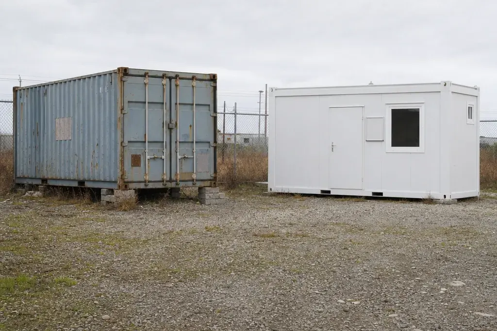 Two boxes on a weedy gravel lot under a grey sky: an old rusted shipping container crooked on concrete blocks beside a plain white rental office container