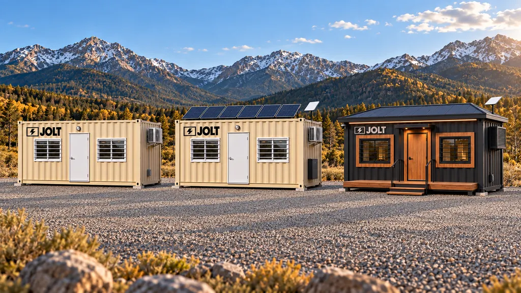 The JOLT fleet lined up on a jobsite in the Colorado mountains: storage containers, Base, Grid-Free and Alpine offices