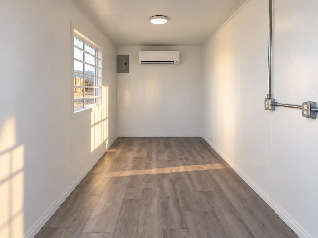 20 ft Base office interior: white walls, vinyl plank floor, barred window and wall-mounted mini-split