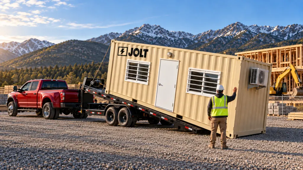 Tilt-bed trailer setting a JOLT 20 ft office container onto a gravel jobsite pad while a spotter in a hi-vis vest guides it down
