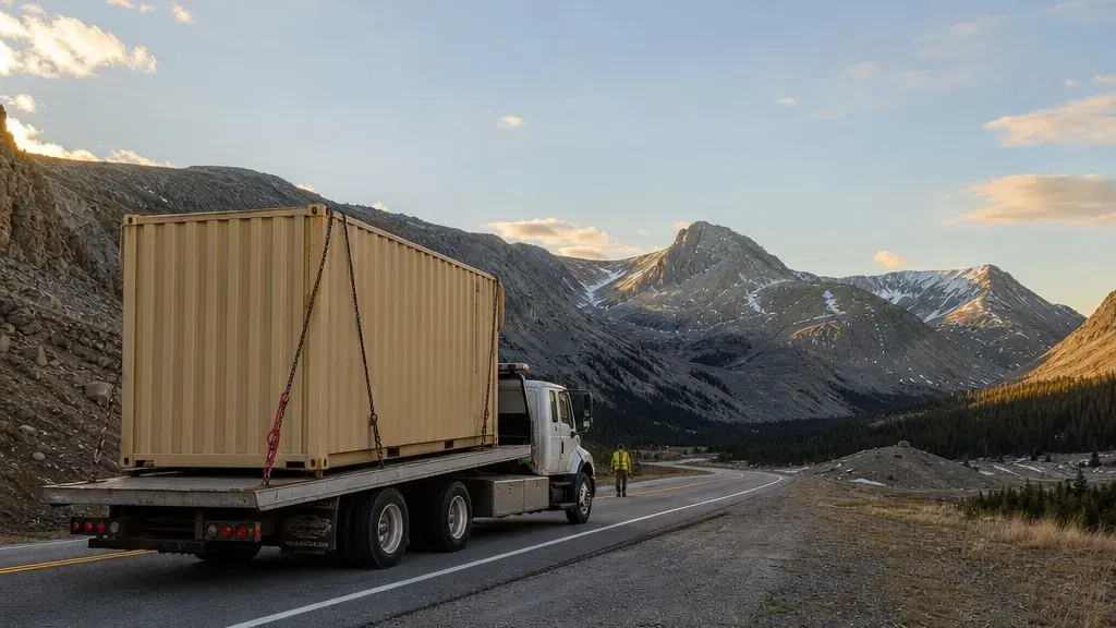 JOLT delivery truck carrying a container on a Colorado mountain highway