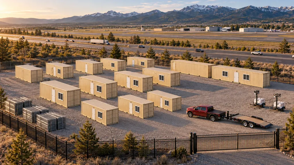 Aerial view of the JOLT yard in Gypsum, Colorado, off I-70: rows of tan storage and office containers with mountains behind at sunrise