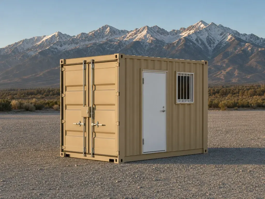 Tan 10 ft storage container with a man door and barred window on the long side and cargo doors at the end, on a gravel yard with the Gore Range behind