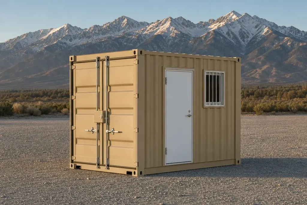 Tan 10 ft storage container with a man door and barred window