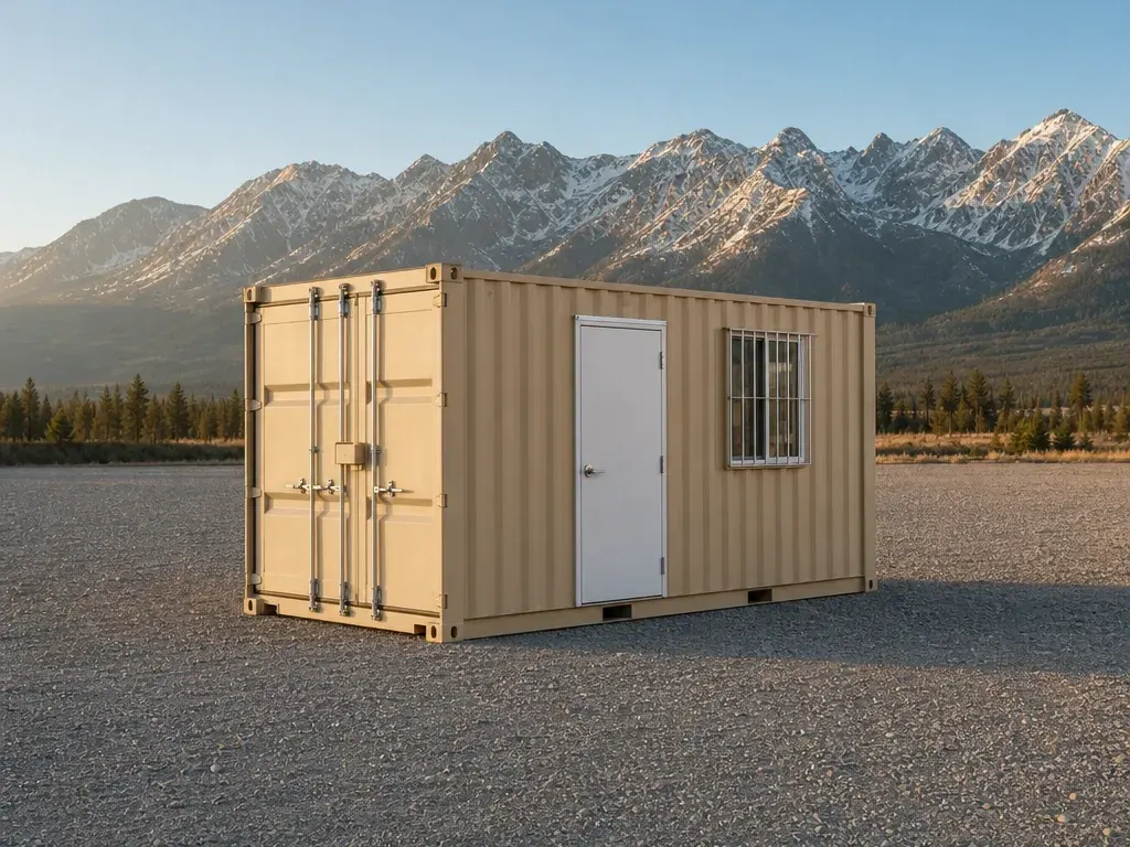 Tan 12 ft storage container with a man door and barred window on the long side and cargo doors at the end, on a gravel yard with the Gore Range behind