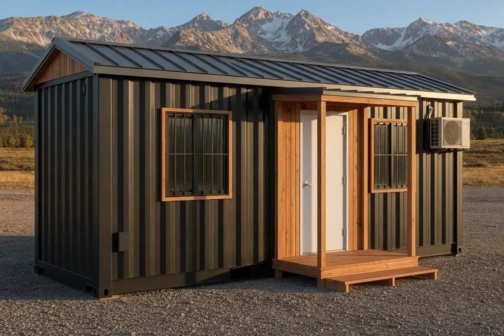 Matte black 20 ft Alpine office container with cedar surrounds and a standing-seam over-roof