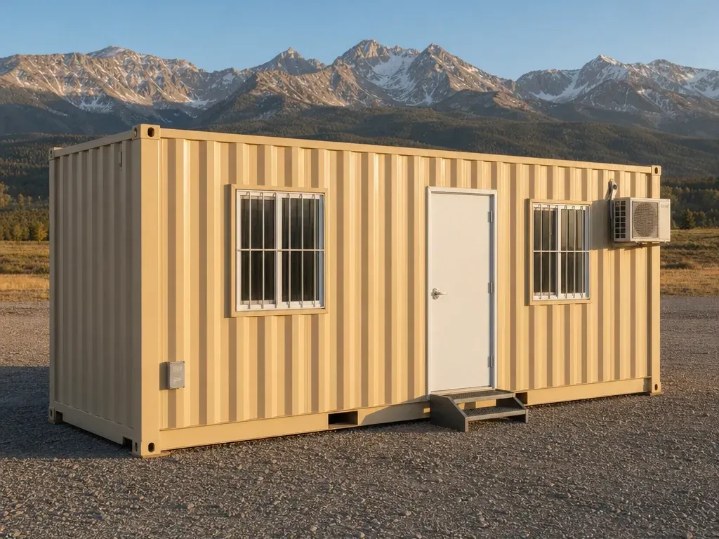 20 ft Base office container, tan, with a white personnel door, two barred windows and a mini-split, on a gravel yard with the Gore Range behind