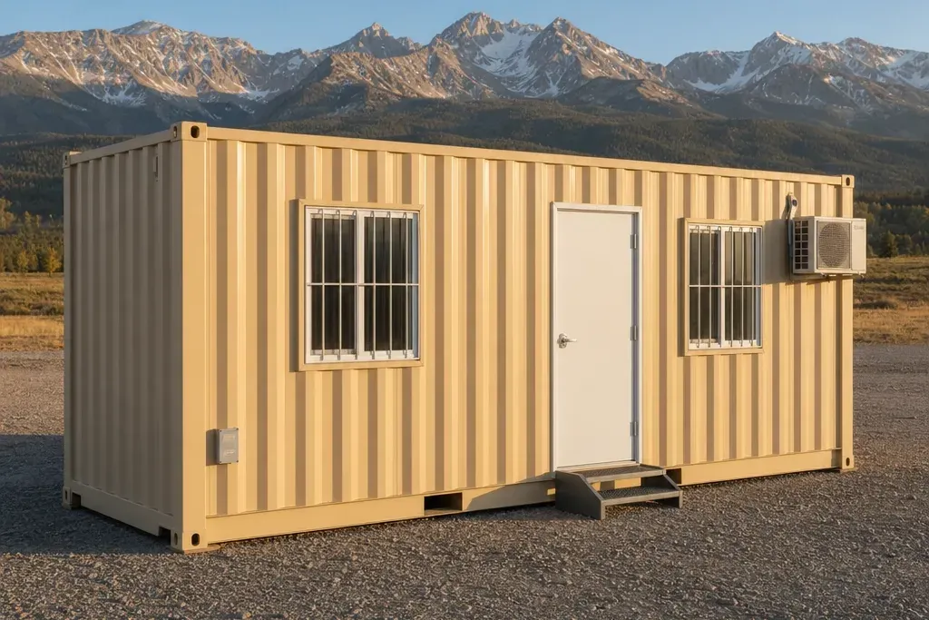 20 ft Base office container, tan, with a white personnel door and two barred windows