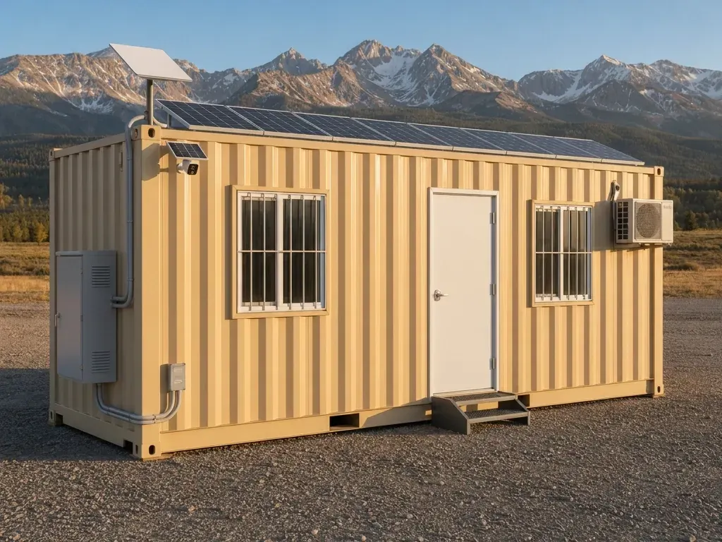 20 ft Grid-Free office container with roof solar panels, a Starlink dish and a security camera on the front corner and a battery cabinet on the end wall