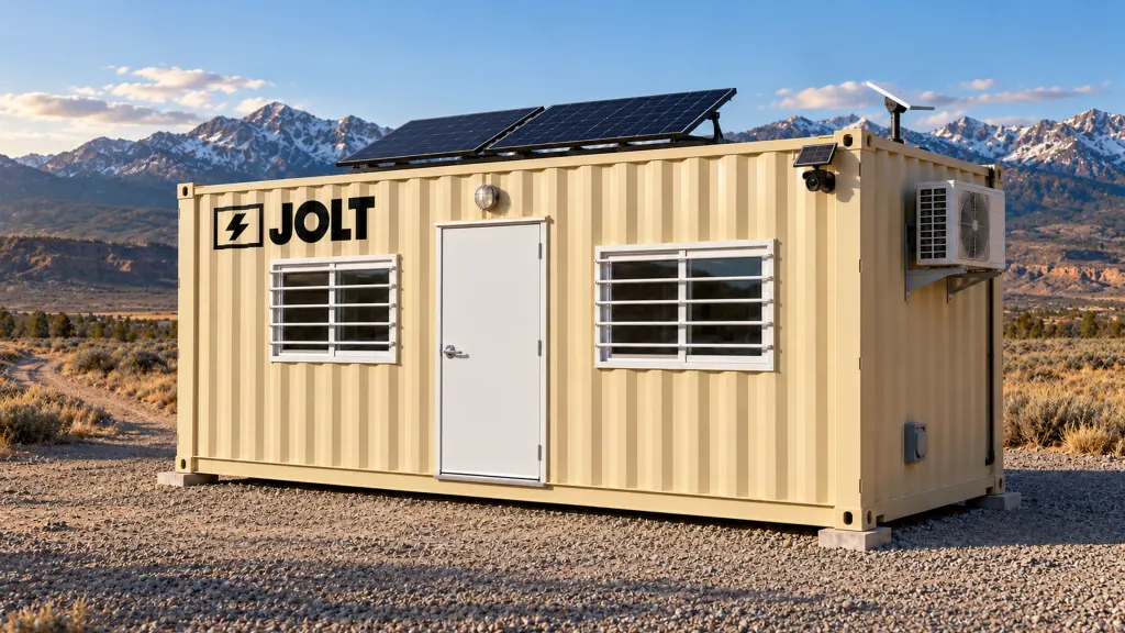 20 ft Grid-Free office container running on solar with no shore power, mountains behind