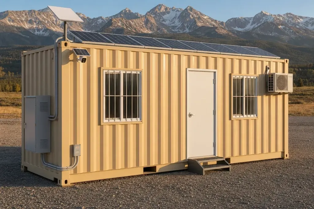 20 ft Grid-Free office container with roof solar, a Starlink dish and a security camera