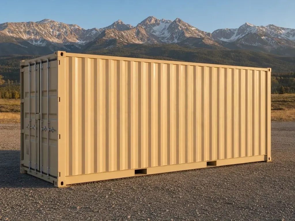 Tan one-trip 20 ft storage container, cargo doors closed with a lockbox, on a gravel yard with the Gore Range behind