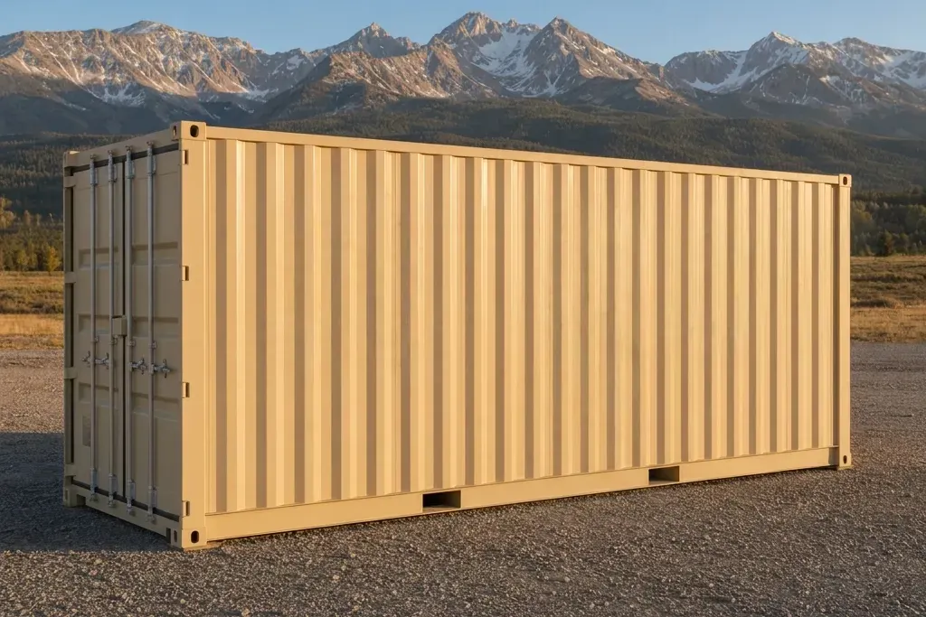 Tan one-trip 20 ft storage container with the cargo doors closed
