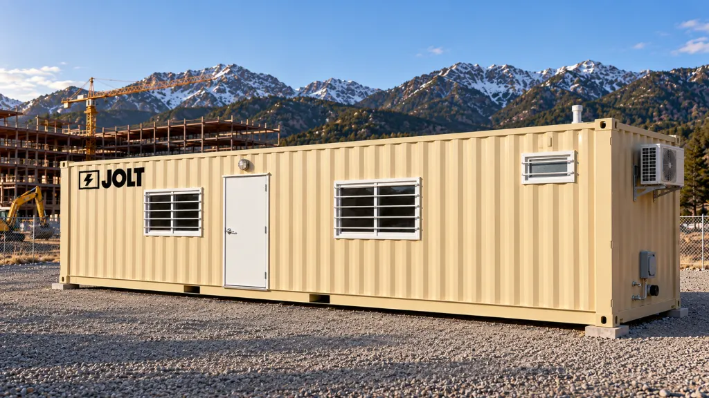 40 ft office container with bathroom on a gravel pad, a framed building and mountains behind