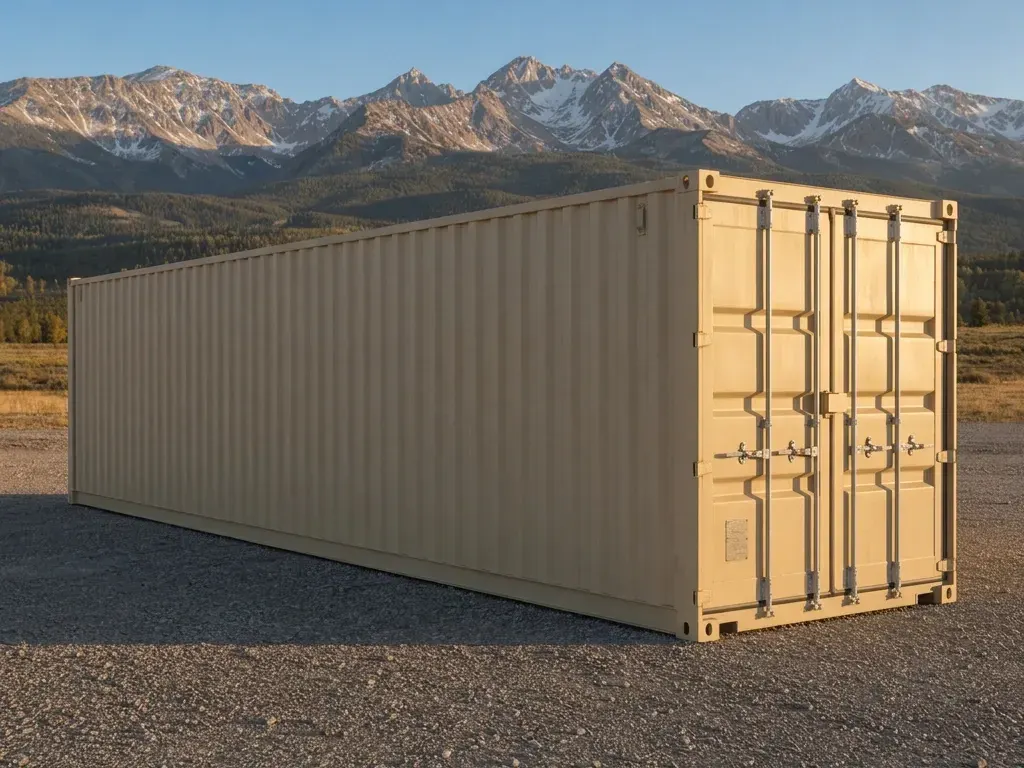 Tan one-trip 40 ft high-cube storage container, cargo doors closed with a lockbox, on a gravel yard with the Gore Range behind