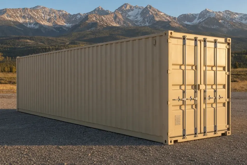 Tan one-trip 40 ft high-cube storage container with the cargo doors closed