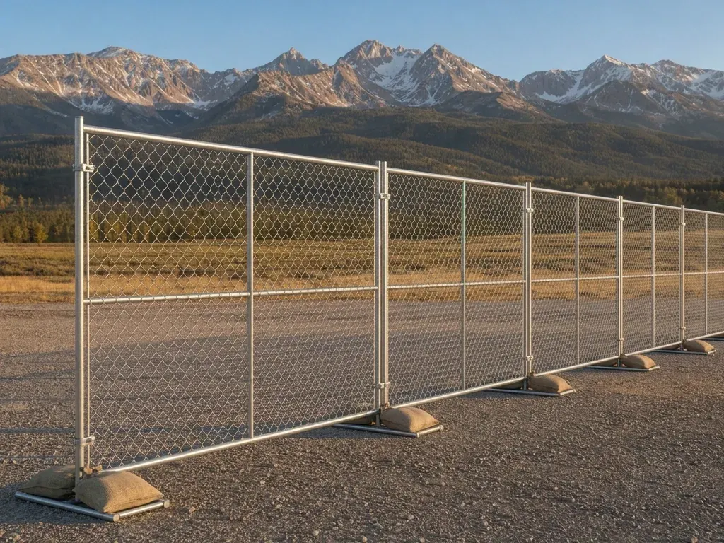 Run of galvanized temporary chain-link fence panels in sandbagged stands across a gravel yard with the Gore Range behind