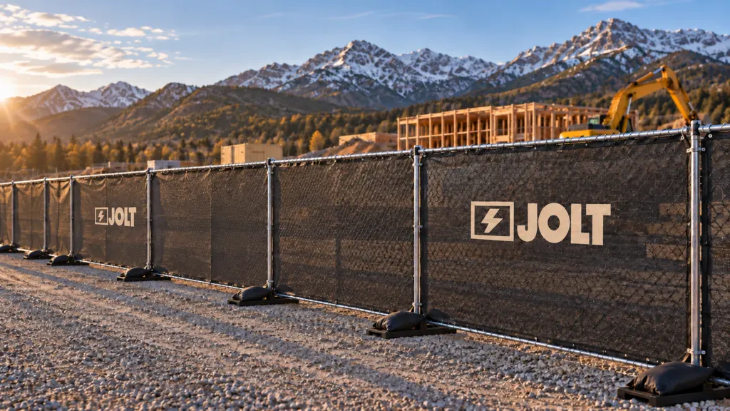 Run of temporary fence panels with black JOLT privacy screen at sunrise, a framed building and excavator behind