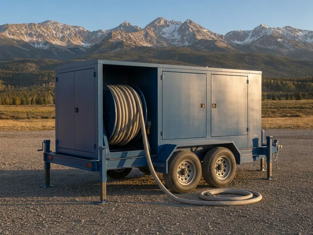 Trailer-mounted hydronic ground heater with its insulated hose coiled on the reel, on a gravel yard with the Gore Range behind