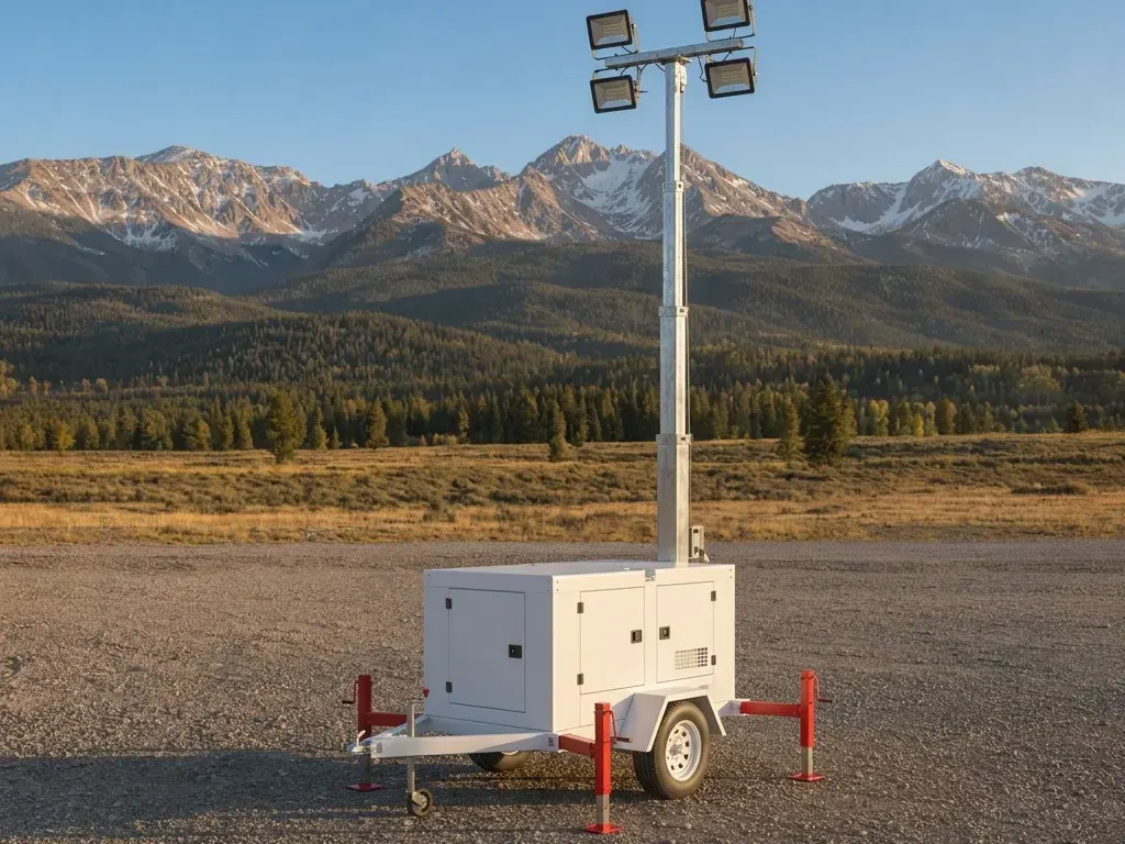 Trailer-mounted light tower with the mast fully raised and four LED floodlights, on a gravel yard with the Gore Range behind