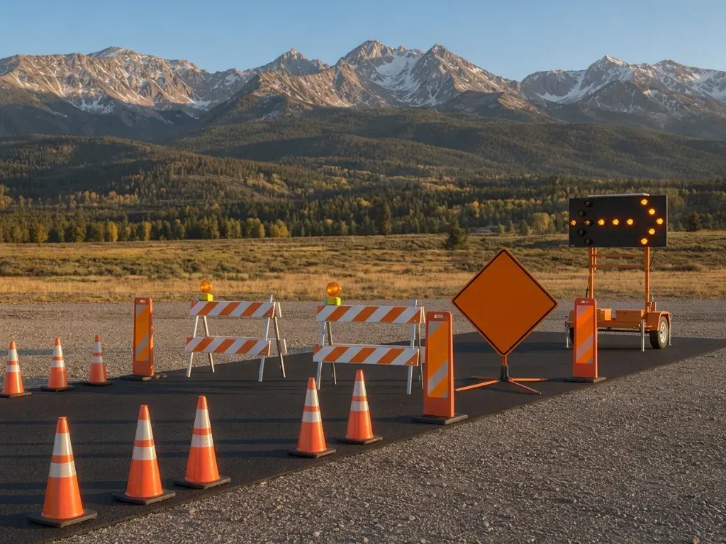 Traffic control package staged as a lane closure: a taper of orange cones, striped barricades, an orange diamond sign and a solar arrow board, with the Gore Range behind