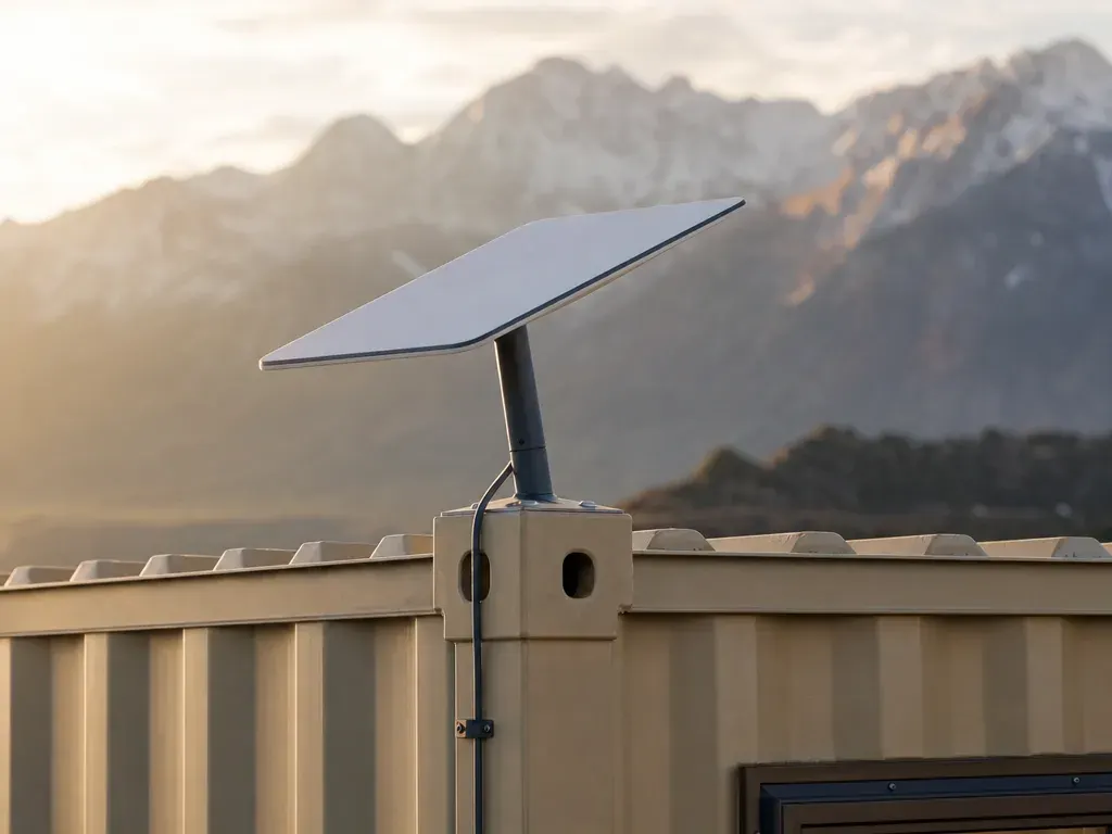 Starlink flat-panel dish on a roof-edge mount of a tan container: the CONNECT upgrade