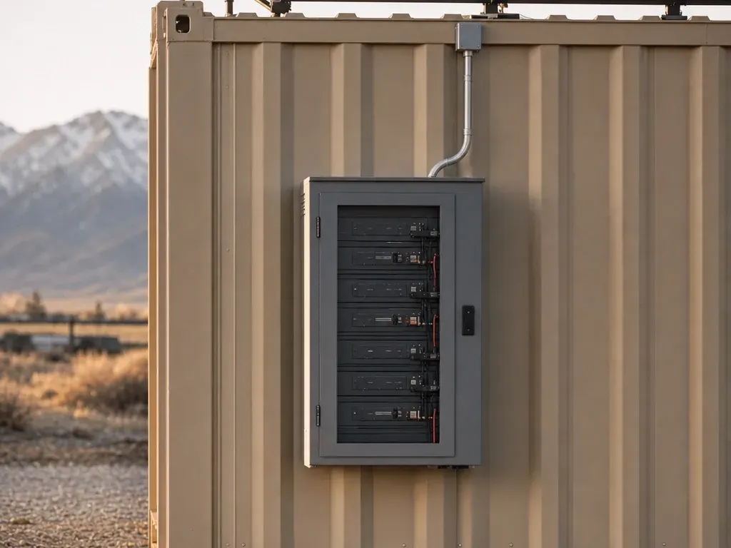 Battery cabinet on the end wall of a tan container with roof solar panels above: the POWER upgrade