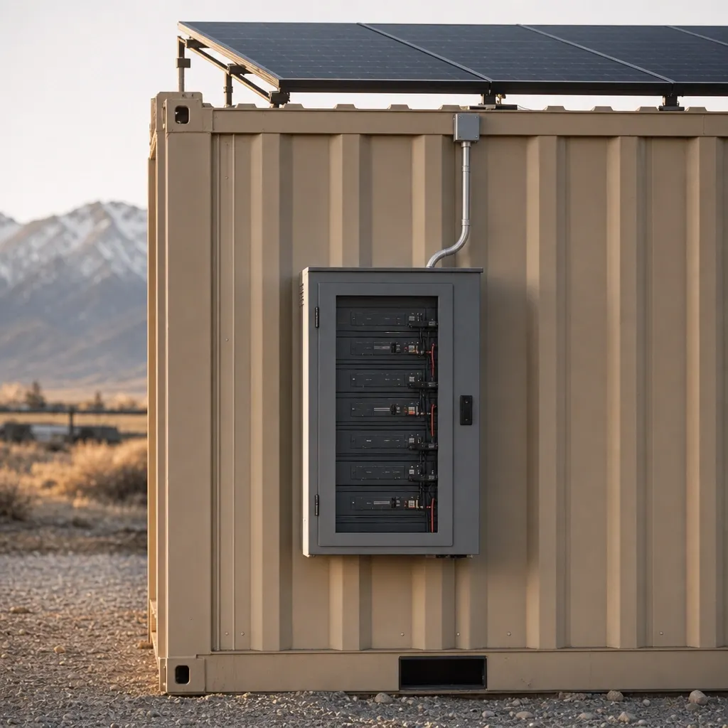 Roof solar panels and a battery cabinet on the end wall of a tan office container: the POWER upgrade