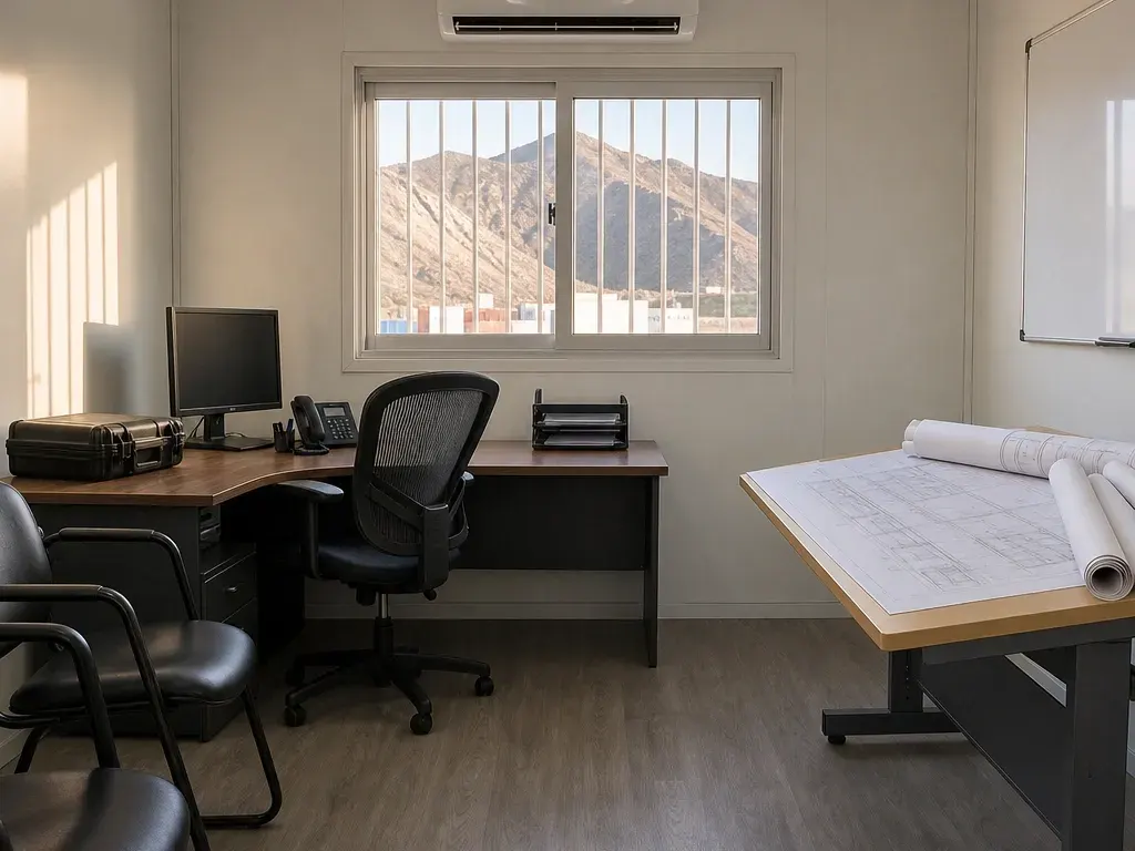 Furnished office container interior with a desk, chairs, plan table, whiteboard and mini-split: the READY upgrade