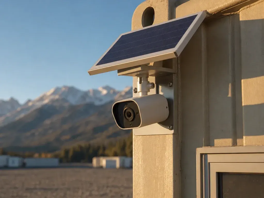 Solar-powered LTE security camera on the top corner of a tan container: the WATCH upgrade
