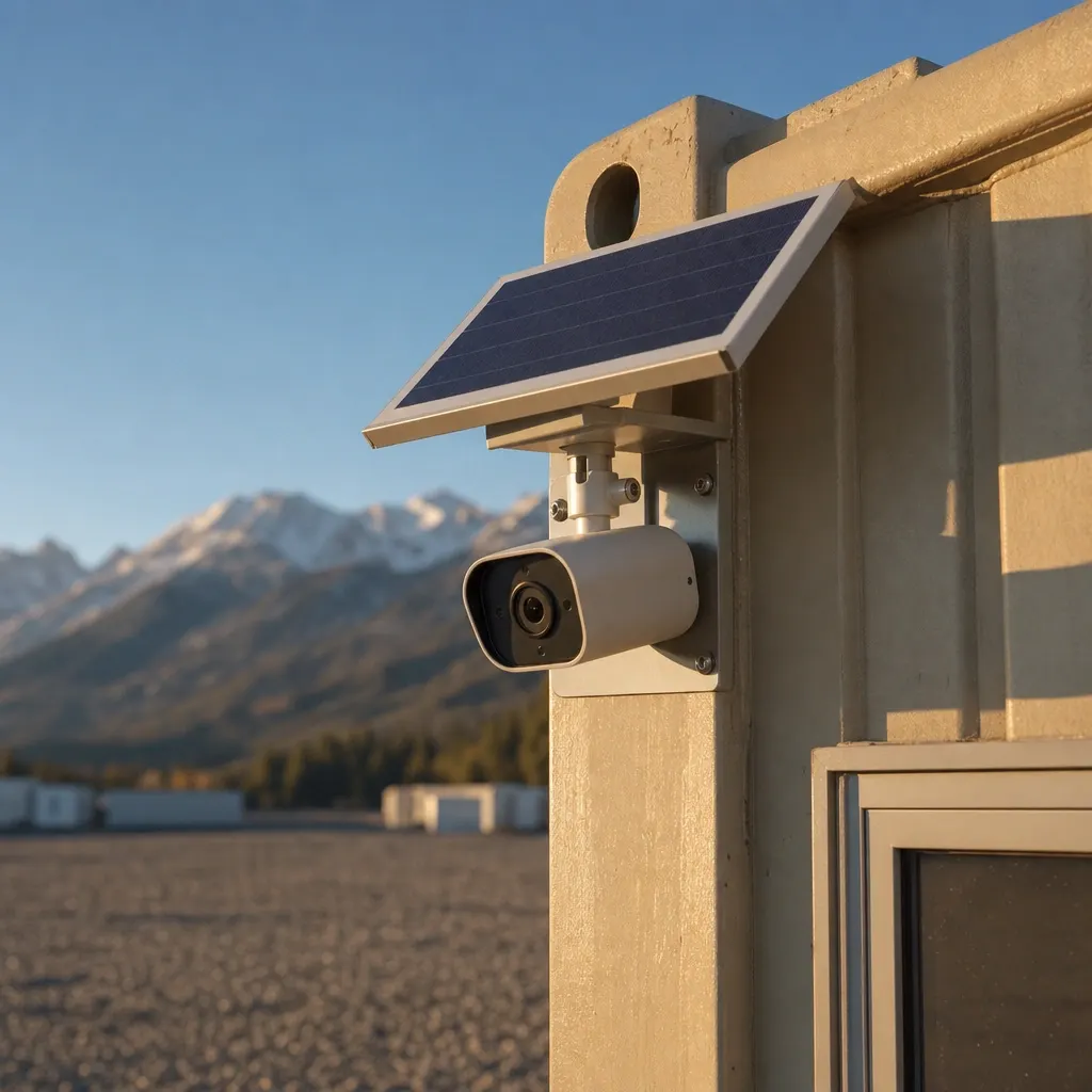 Solar-powered LTE security camera mounted on the corner of a tan container: the WATCH upgrade